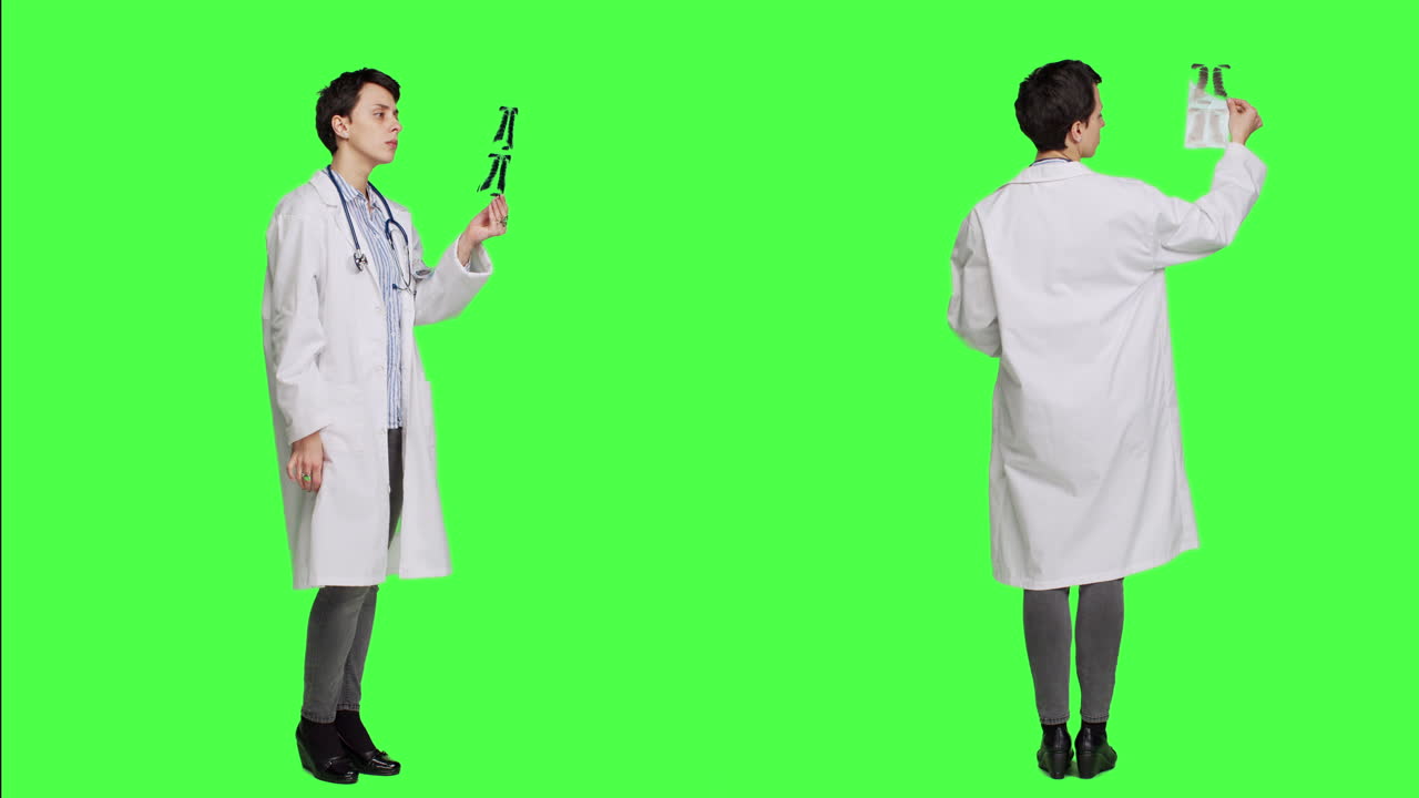 General practitioner examining radiography scan against greenscreen ...