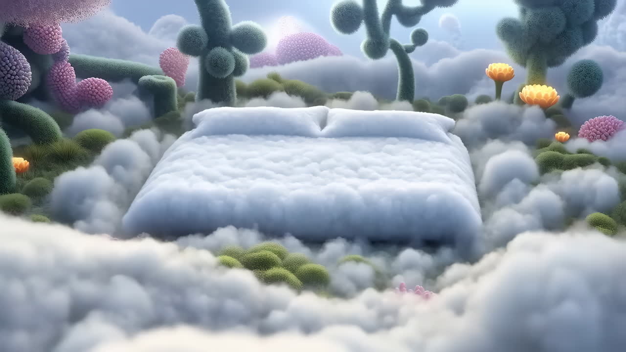 Dreamlike Bed Floating in a Whimsical Cloudscape with Fantasy Plants