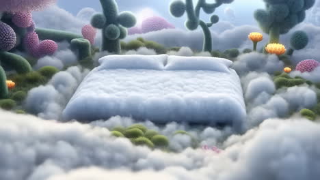 dreamlike bed floating in a whimsical cloudscape with fantasy plants