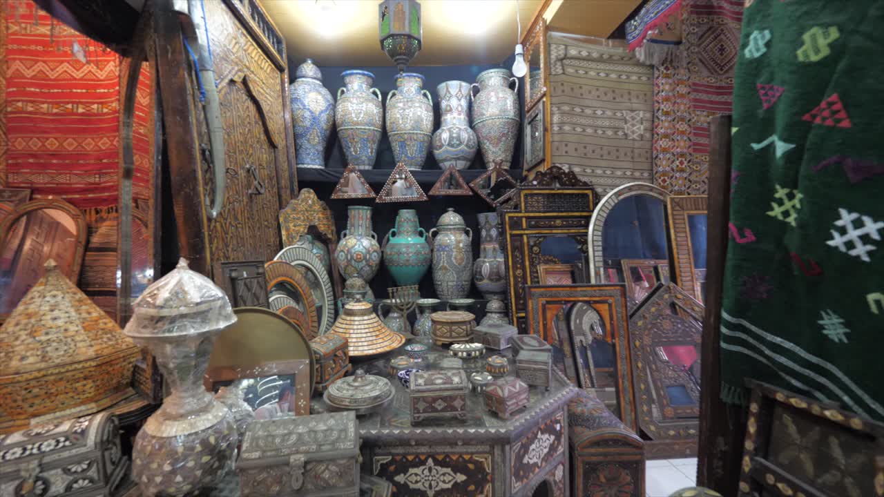 Discovery ancient treasure of Moroccans art, panoramic view of a room full of traditional elements of artistic expression in Morocco