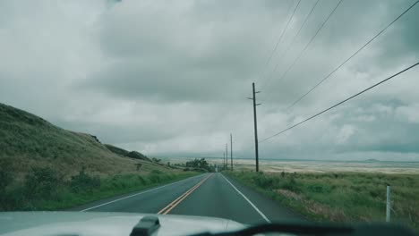 pov conduciendo en una carretera hawaiana a lo largo de la línea eléctrica en un día nublado