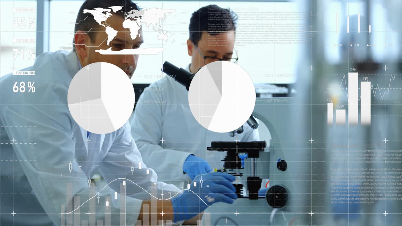 In laboratory, scientists using microscope with data processing animation overlaying scene