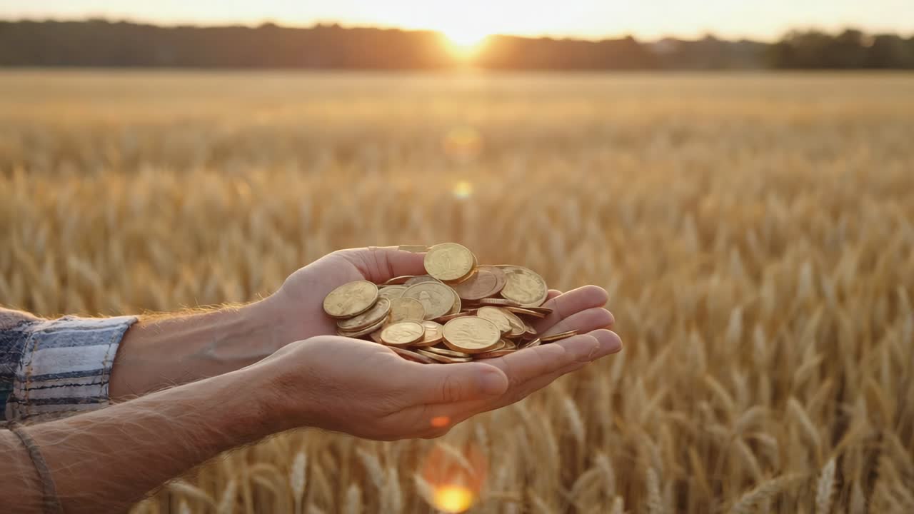 Hands holding golden coins in a wheat field at sunset