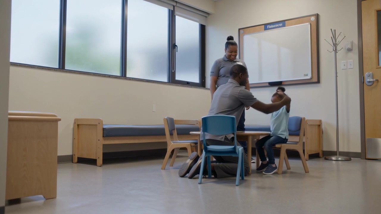 Reaching man in gray polo guiding child lifting arms assessing at clinic, kids table, copy space