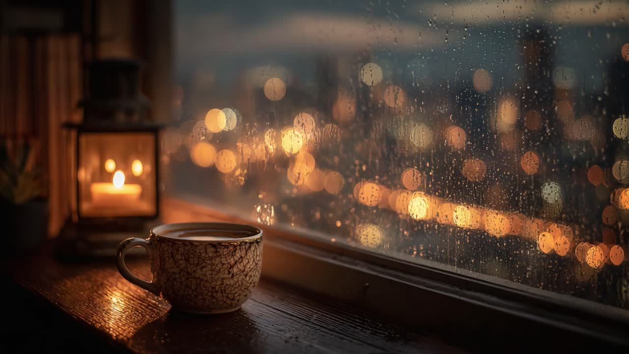En hyggelig aftenudsigt: En kop varm kaffe ved vinduet med regndråber og byens lys, der glimter i baggrunden og skaber en afslappende atmosfære