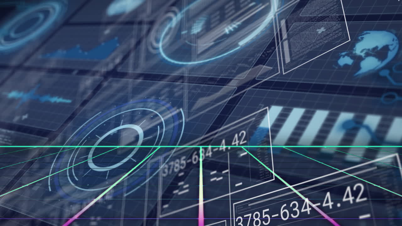 Animation of futuristic data visualizations with geometric patterns in digital interface