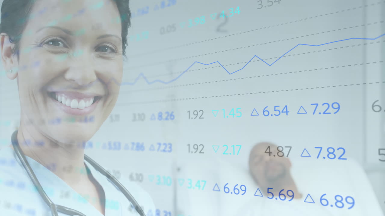 Smiling doctor with stethoscope reviewing medical data animation and patient in hospital bed