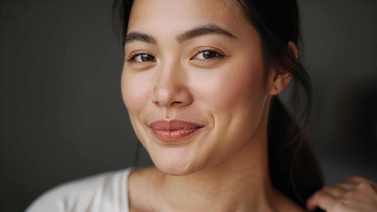 Woman reacting to off-camera cue, adjusting hair, smiling, portrait adding animated glow on dimples