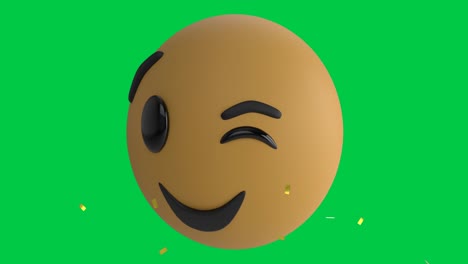 animation of confetti falling over winking emoji icon on green screen background