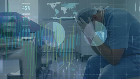 animation of statistics and data processing over caucasian male surgeon