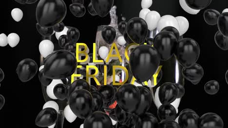 Animation-of-balloons-and-black-friday-text-over-strawberry-falling-in-champagne-filled-flute-glass