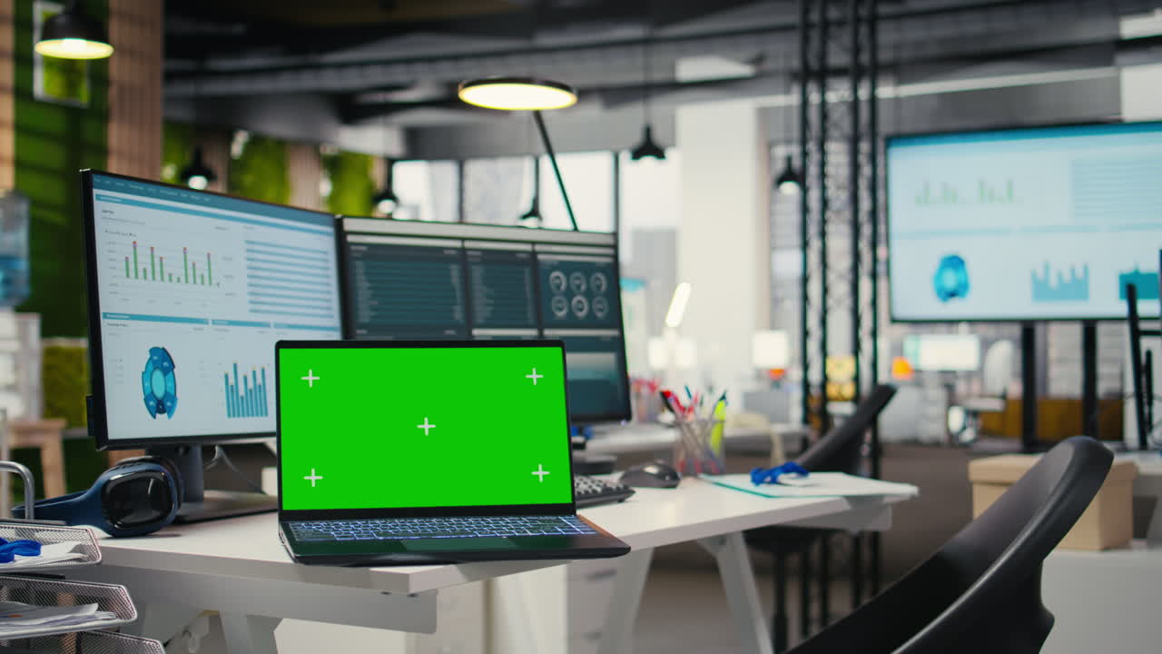 Vertical Video Empty office environment showcases modern tools of chroma key and resources