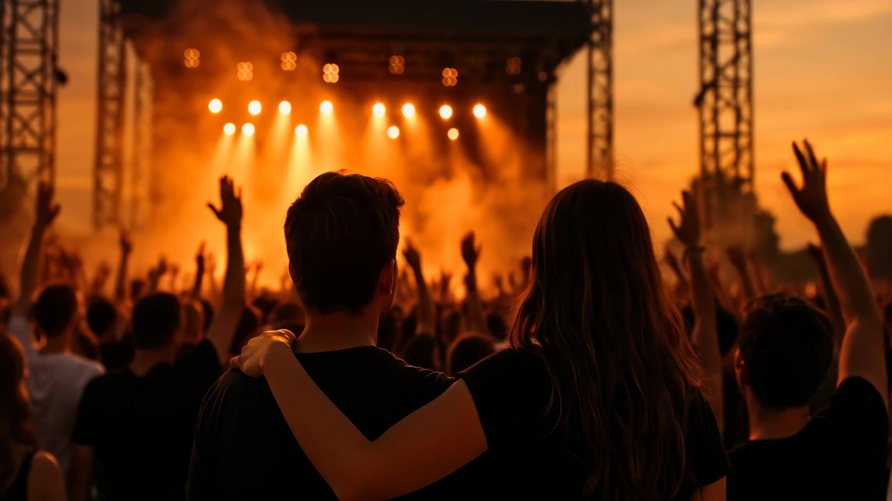 Coppia che si abbraccia a un festival musicale all'aperto durante il tramonto