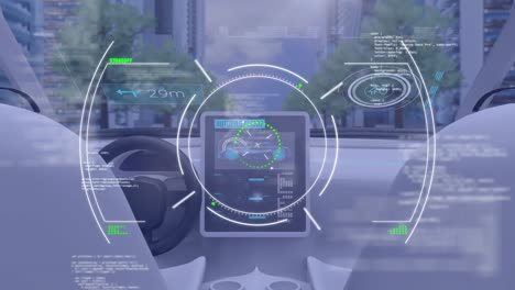 animación digital de escaneo de alcance contra el automóvil futurista que se conduce por sí mismo a través de la ciudad