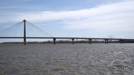 bridge over river, bird flying, still footage