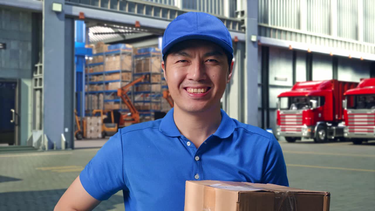 Close Up Of Asian male Courier In Blue Uniform Putting Hand On Hip And Smiling While Delivering A Carton, Outside of Logistics Distributions Warehouse, Pround Pose
