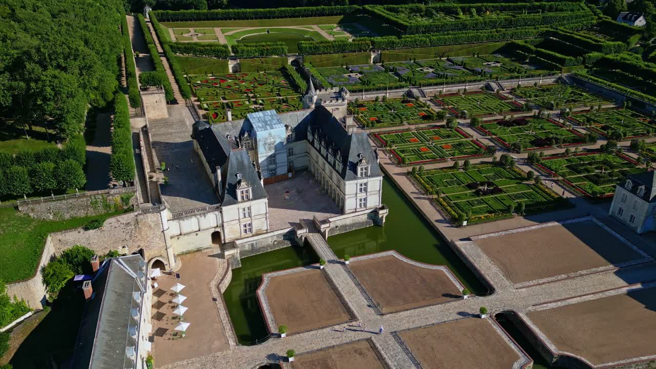 Château de Villandry, şato ve bahçeler, Loire Vadisi, Fransa. Havadan ileriye doğru çekim