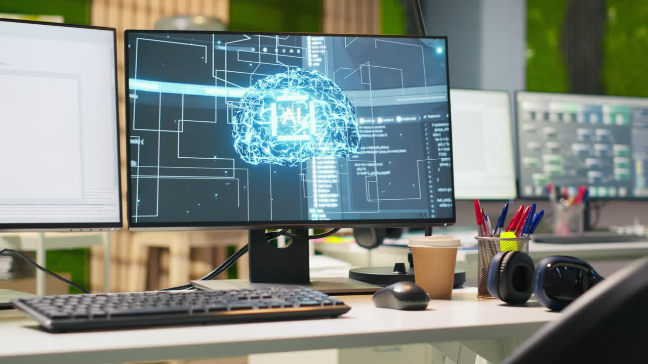 Close Up Of Empty Tech Startup Office With Artificial Intelligence Programs