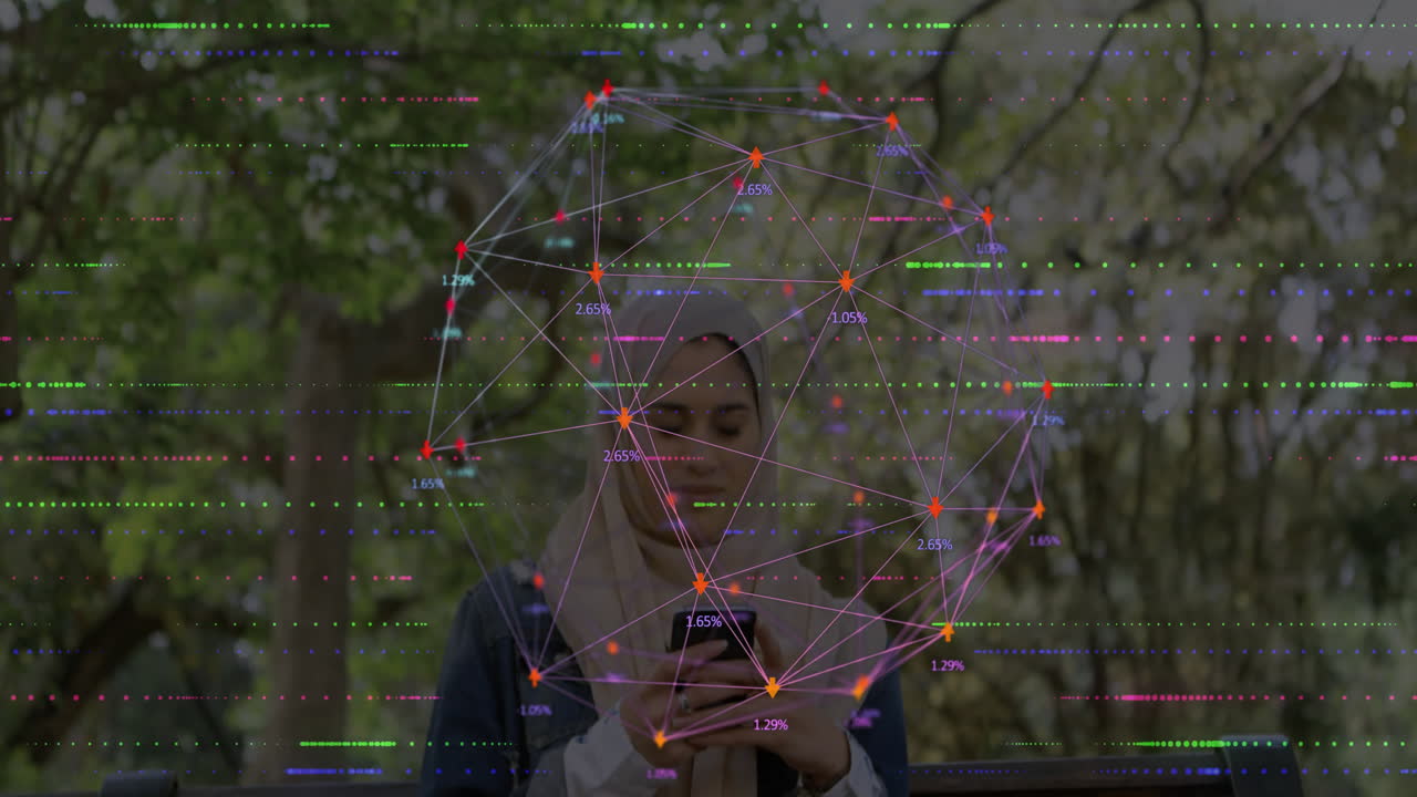 Woman using smartphone outdoors, displaying network overlay with moving nodes for technology