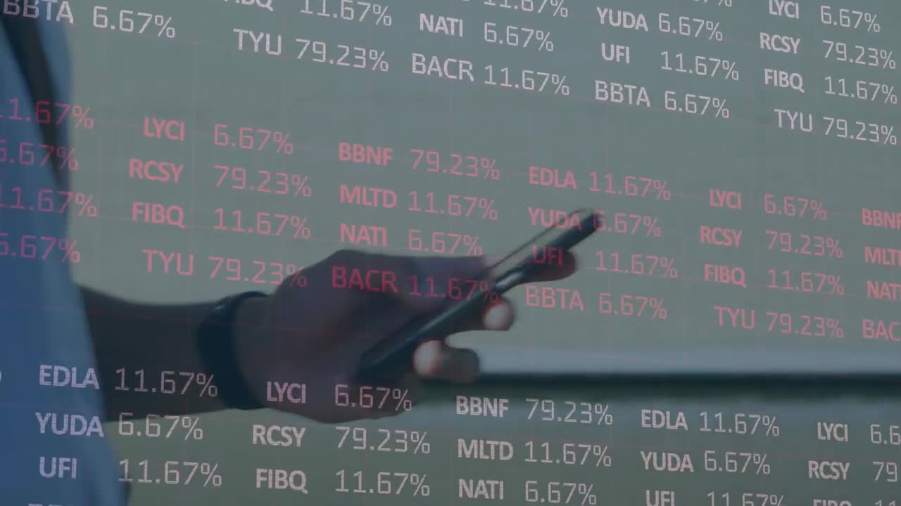 Stock market data processing against mid section of man using smartphone at office