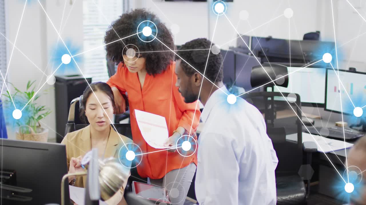 Animation of connections and data processing over diverse business people in office