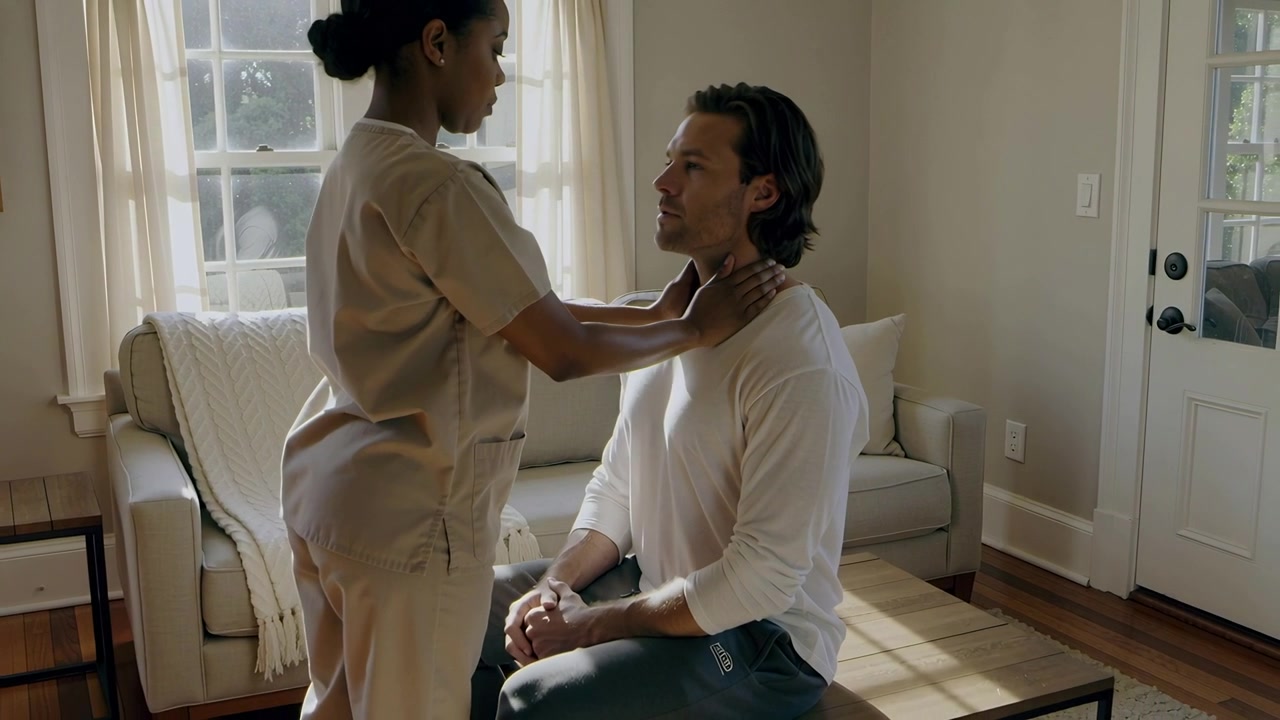 Approaching caregiver in beige scrubs placing hands on seated man's neck, assessing tension at home