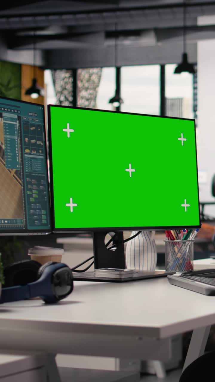 Vertikal video green screen og arkitektsoftware på dobbeltskærme i et kreativt bureau