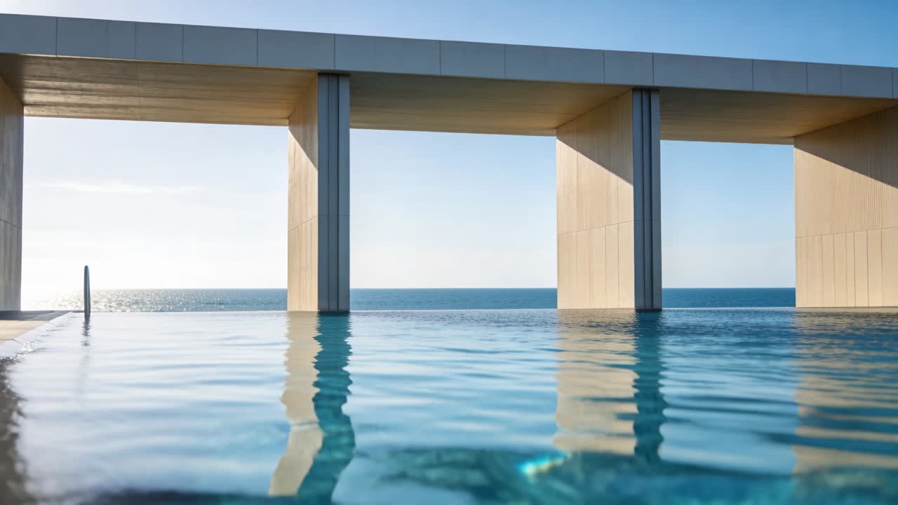 Pulling back camera showing infinity-edge pool and colonnade on rooftop, revealing metal ladder