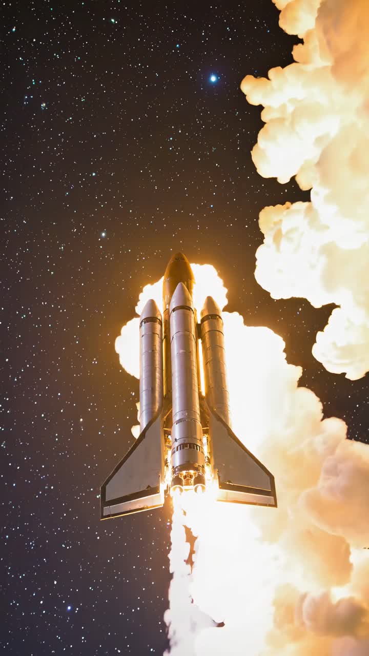 A dramatic low-angle shot of a space shuttle launching, capturing the fiery thrust and billowing