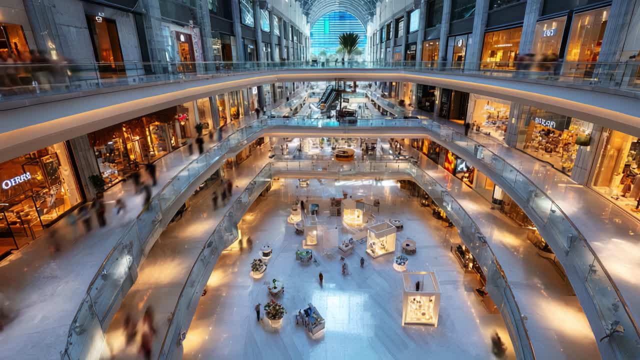 Aerial View of a Modern Shopping Mall Featuring Multi-Level Retail Areas, Open Atriums, and Vibrant Storefronts, Capturing the Bustling Atmosphere of Shoppers and Displays