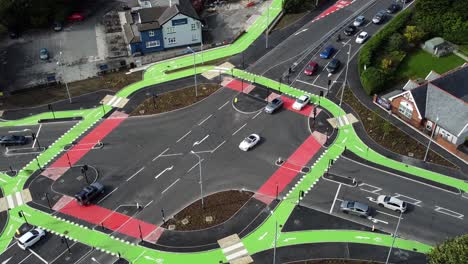 Aerial-view-St-Helens-CYCLOPS-traffic-optimisation-sustainable-junction-intersection,-England,-Zoom-in-shot