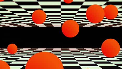 animation of red spheres floating over moving black and white squares