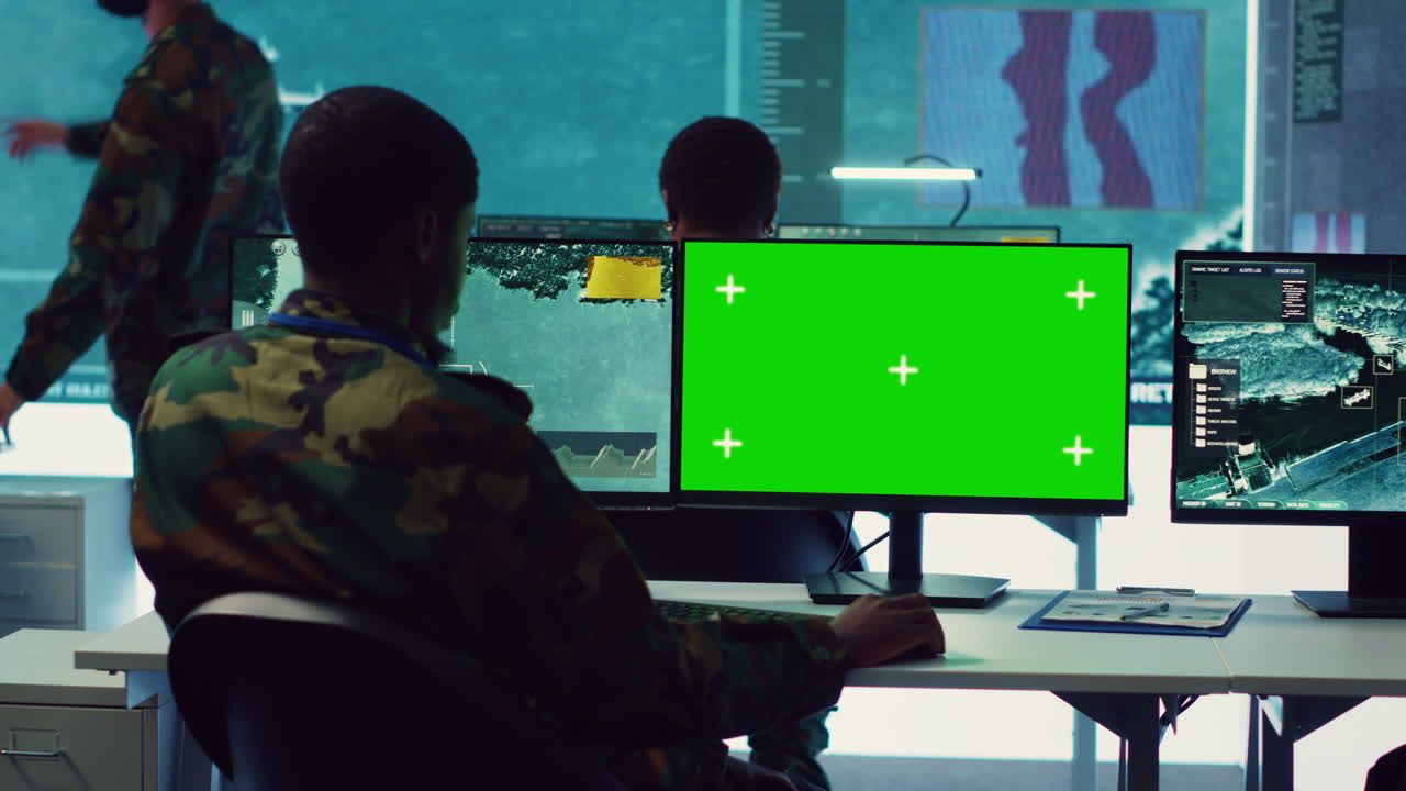 Inlichtingenanalist bekijkt de activiteit van het schip naast een geïsoleerd mock-up scherm.