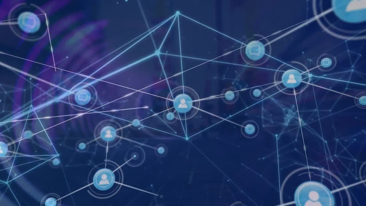 animación de la red de conexiones e iconos sobre el paisaje urbano