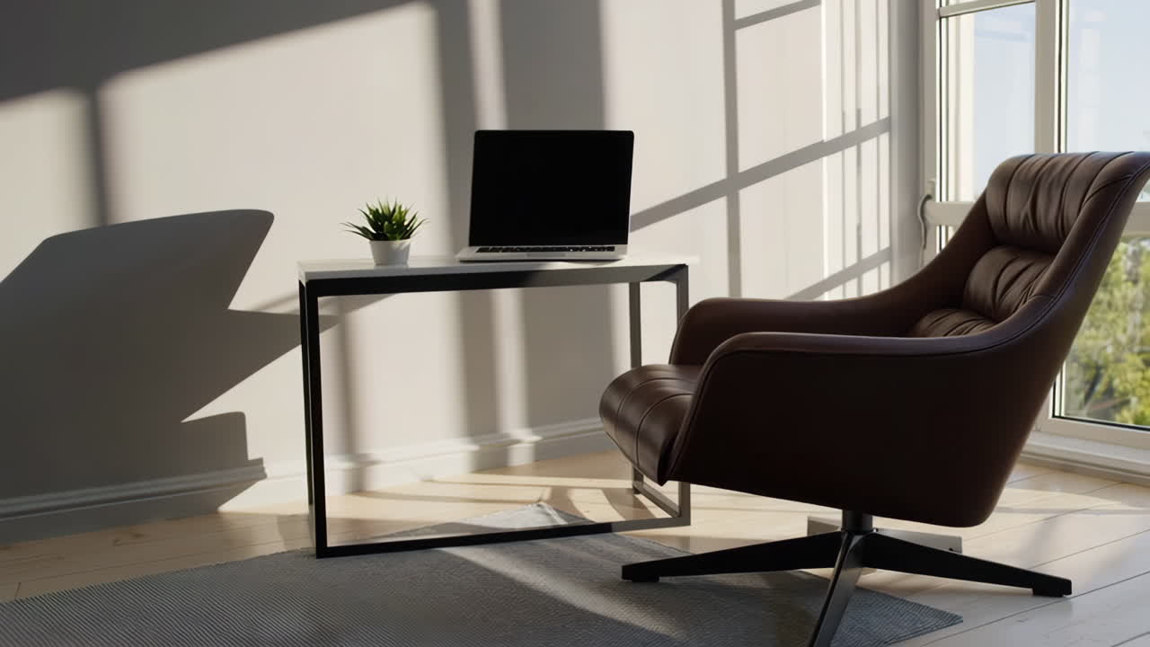 A modern workspace with a desk, chair, and laptop