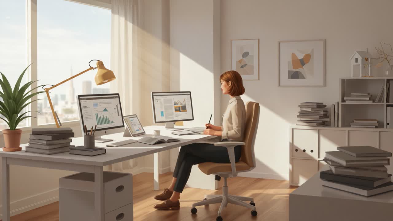 A Productive Workspace Featuring a Focused Individual Engaged in Work, Surrounded by Modern Office Tools and Aesthetic Decor in a Bright, Sunlit Environment