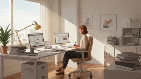 a productive workspace featuring a focused individual engaged in work, surrounded by modern office tools and aesthetic decor in a bright, sunlit environment