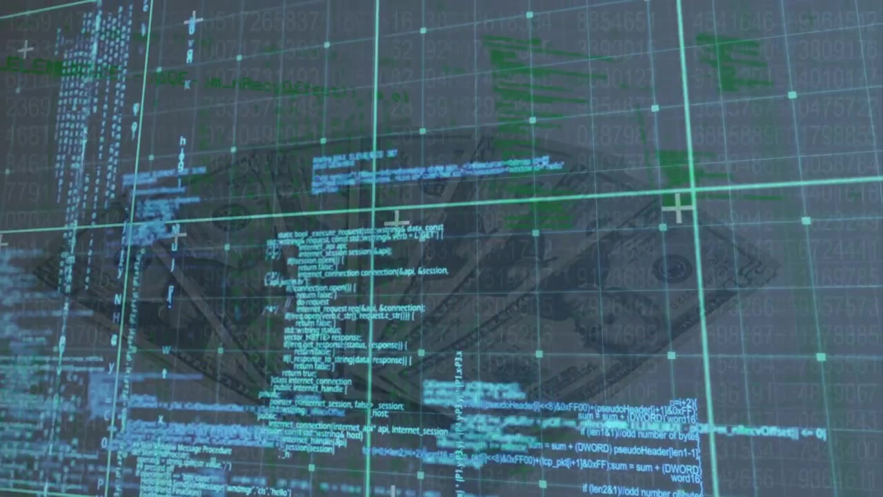 Animation of data processing on blue background with dollars