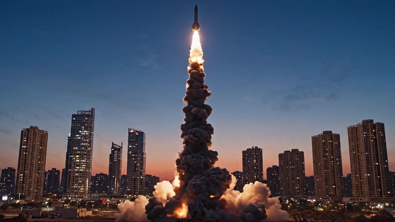 Powerful Rocket Launch Amidst Urban Skyline at Dusk, Showcasing Flames and Smoke Rising Towards the Evening Sky with City Lights in the Background