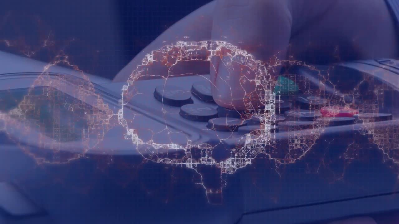 Animation of human brain and dna strand spinning over payment terminal