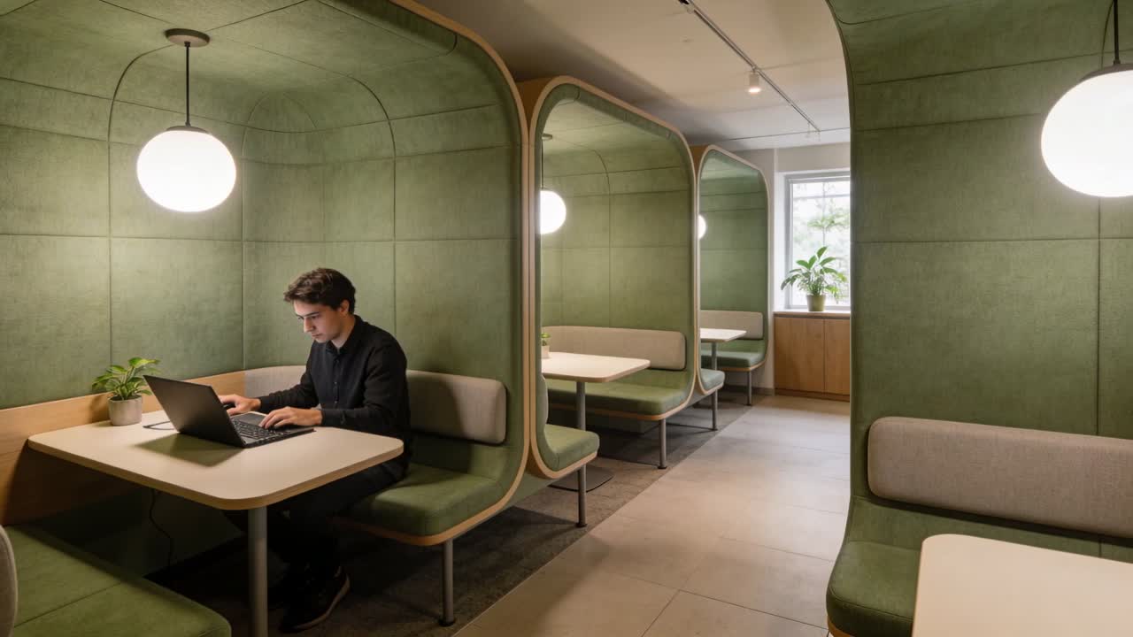Mann i mørk skjorte skriver på åpen laptop, jobber med prosjekt i coworking-bås, med plass for tekst.