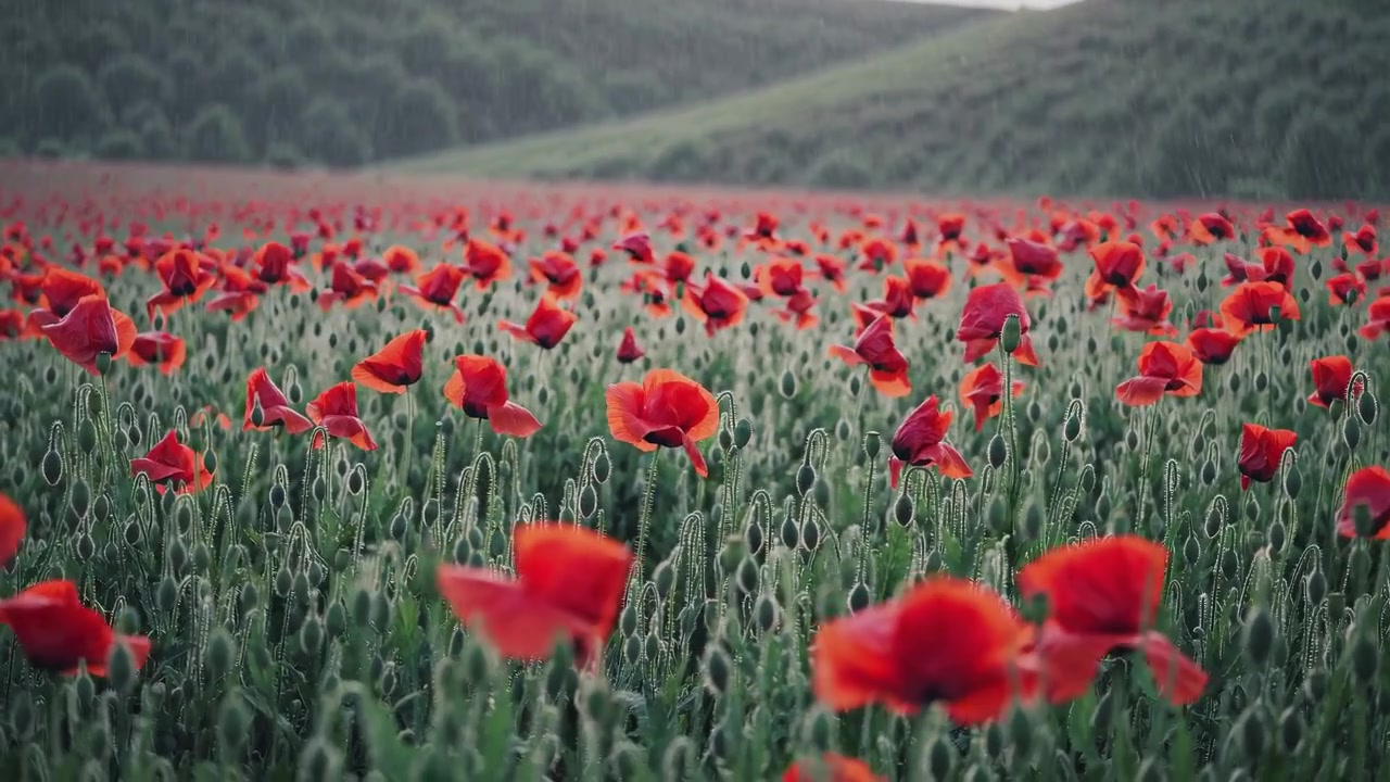 Pioggia che cade su un campo di papaveri rossi con colline verdi