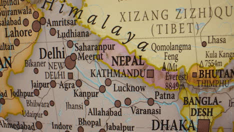 close-up view of nepal and northern india on a globe