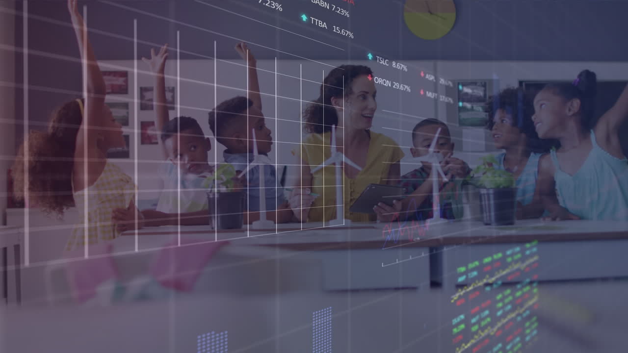 Animation of data processing over diverse schoolchildren and teacher
