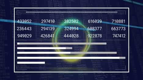 animation of glowing light trails spinning over interface with data processing on blue background