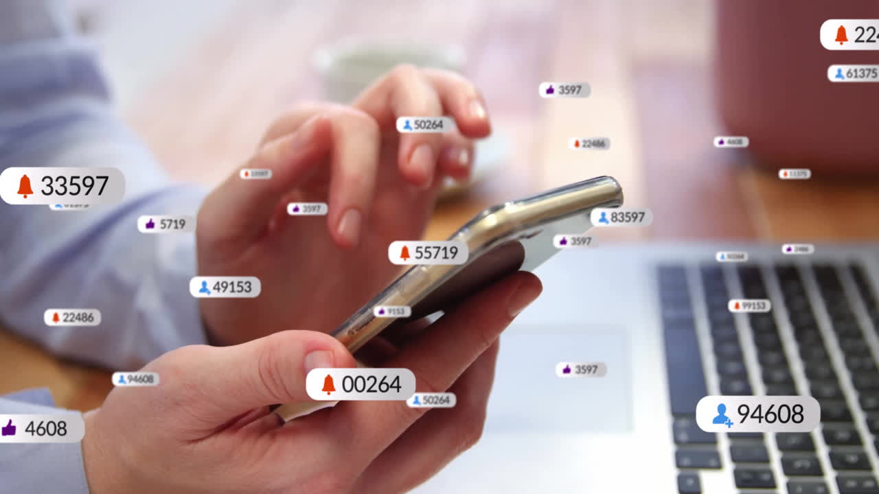 Using smartphone, hands interacting with digital notifications and animation overlays
