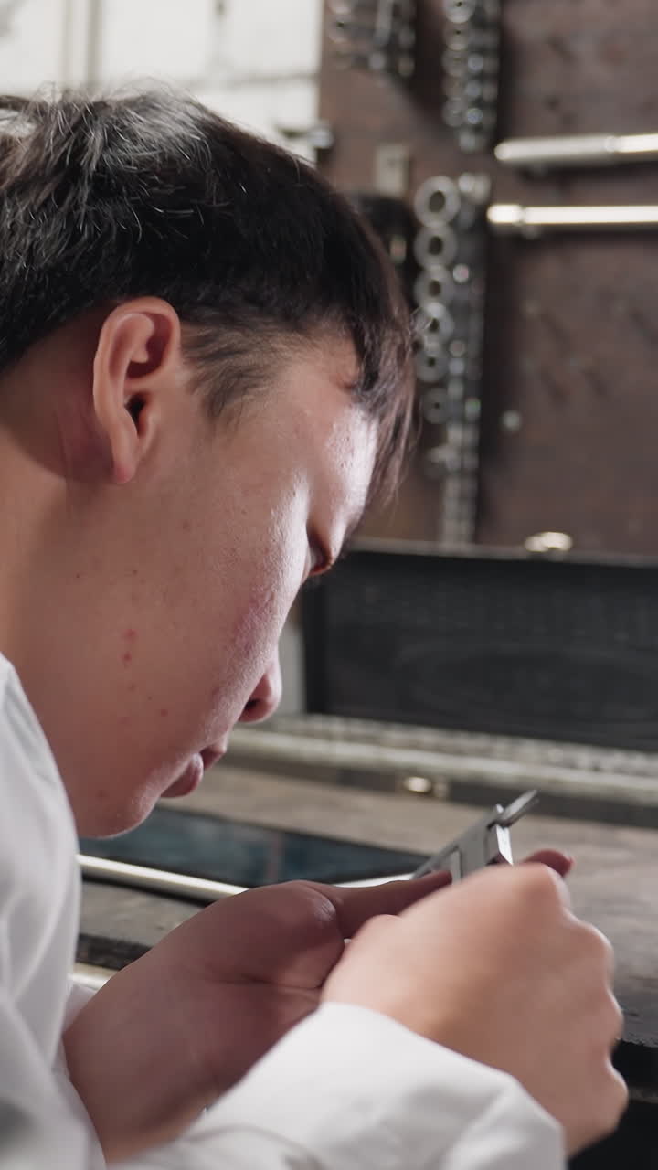 젊은 실험실 기술자는 기계적 도구로 둘러싸인 밝은 빛 앞에 태블릿을 조정하고 는 베인 칼리퍼를 사용합니다.