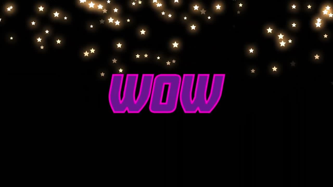 블랙 배경에 떨어지는 반 ⁇ 이는 별 아이콘 위에 와우 텍스트 배너