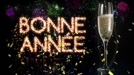 animation of happy new year text greetings over glass of champagne and fireworks