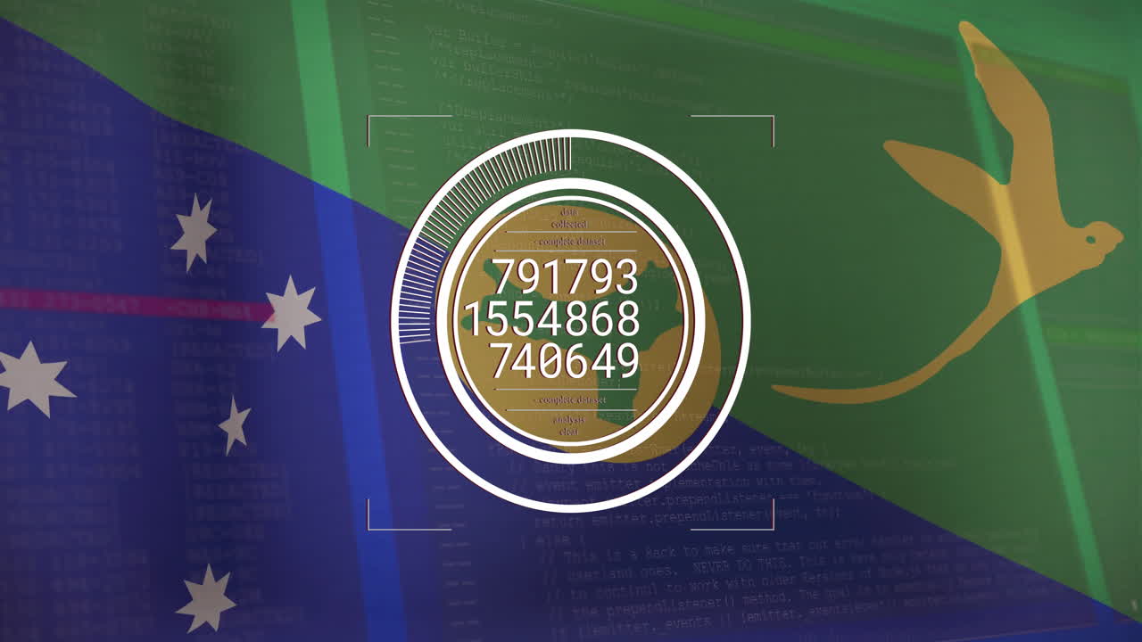 Concentric rings displaying segmented progress bars and numeric data over 3D flag code backdrop